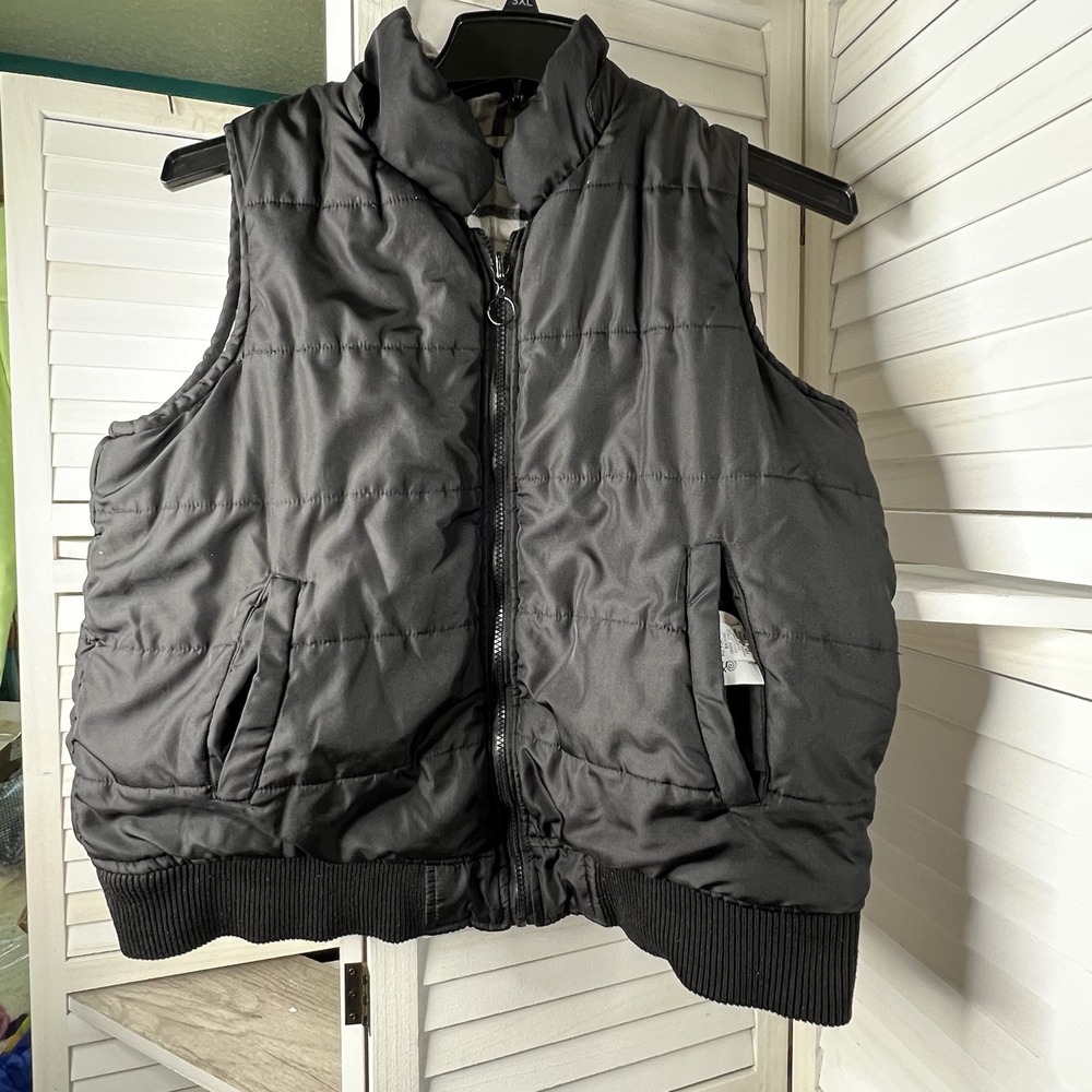 Y2K Deb Brand Reversible Puffer Vest Women's 1X Black Plaid Zip Sleeveless *Read